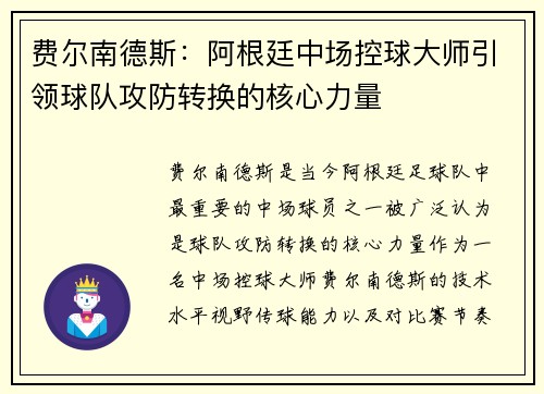 费尔南德斯：阿根廷中场控球大师引领球队攻防转换的核心力量